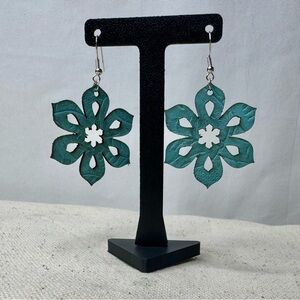 Floral Cutout Aqua Blue Embossed Leather Earrings